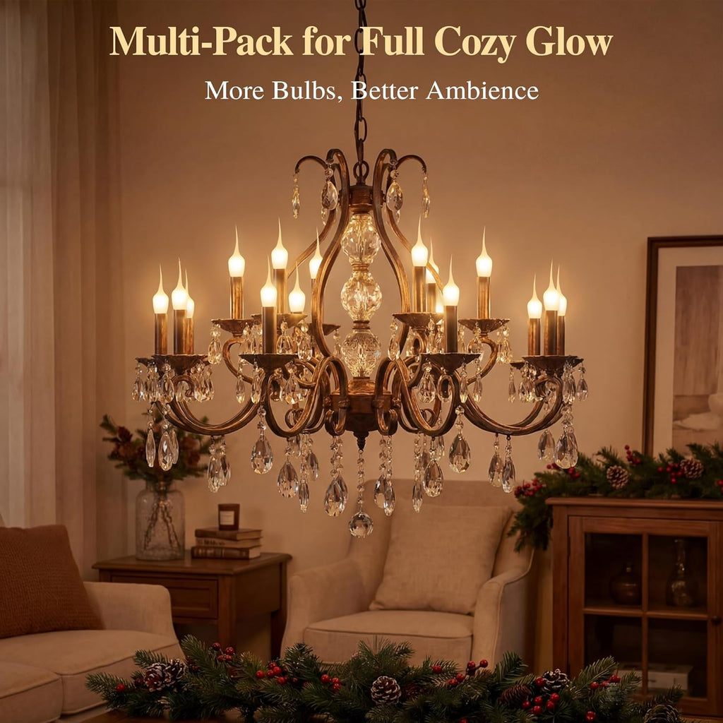 6 Pack Mini Silicone Dipped Candle Light Bulbs, 3 Watt E12 Candelabra Base, 2700K Warm Yellow Flame Tip Decorative