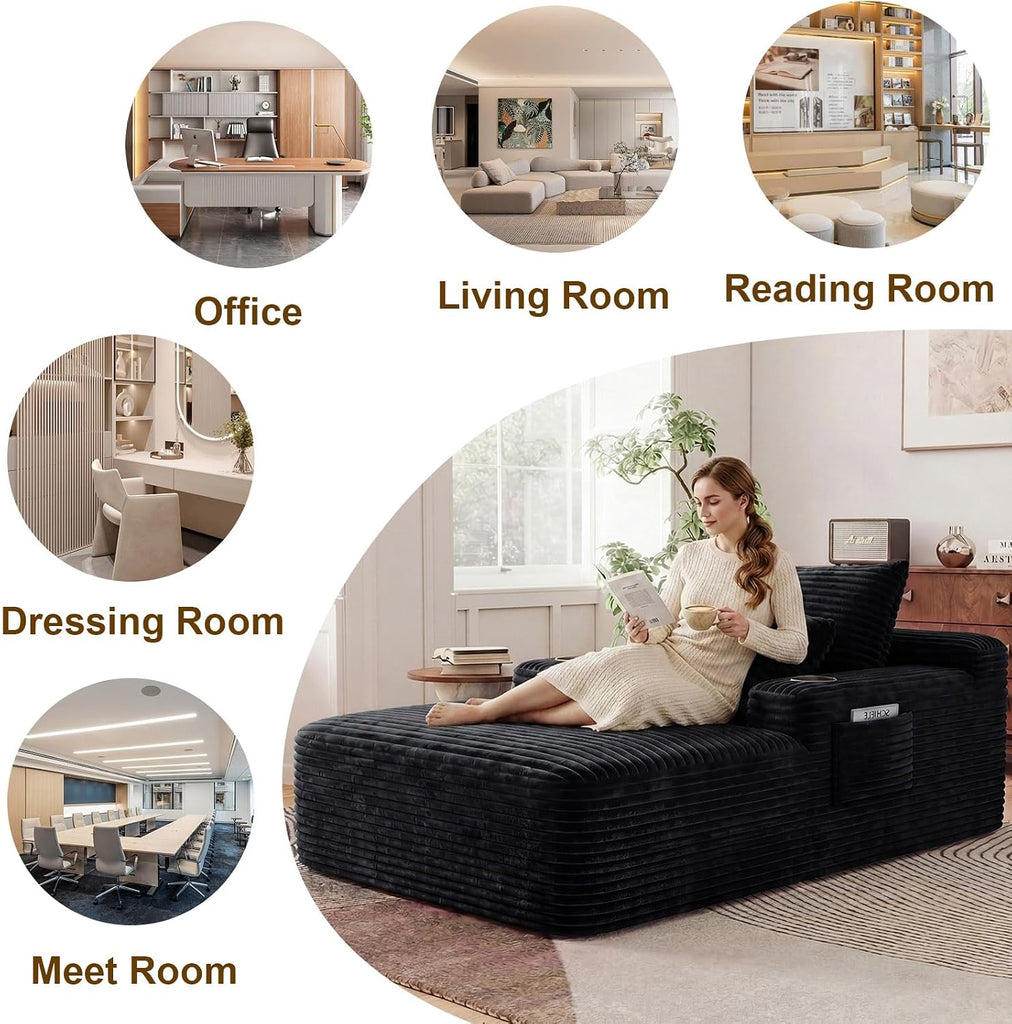 65" Oversized Chaise Lounge Chair Indoor, Boneless Chaise Lounge Chair with Cup Holders Side Pockets 3 Pillows, Cloud