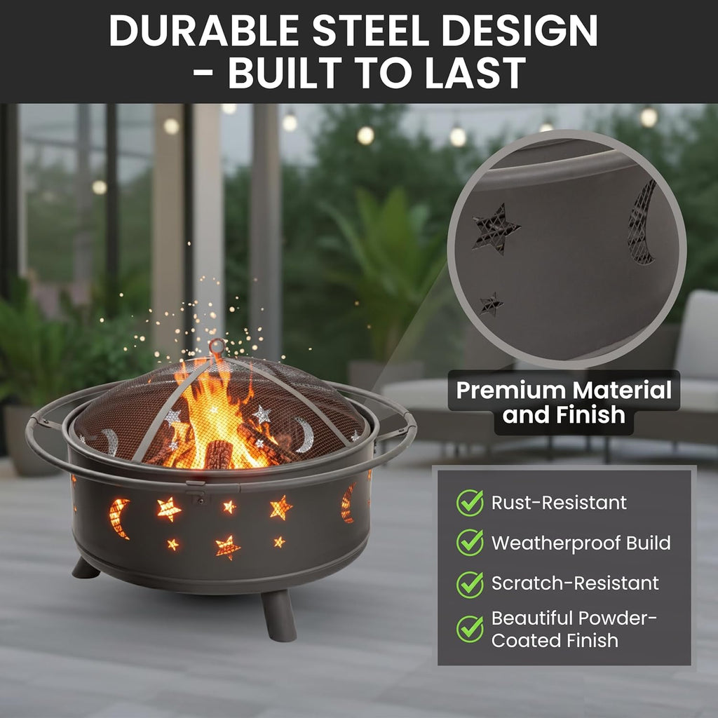 Fire Pit - 32-Inch Outdoor Wood Burning Firepit with Screen, Poker, and Cover - Outdoor Fire Pits for Backyard, Deck, or Patio by (Black) - Image 3