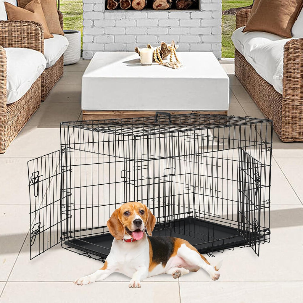 Dog Crate Dog Kennel Cage with Double Door,36 inch Folding Metal Wire Dog Cage with Removable Tray&Divider Panel,Pet