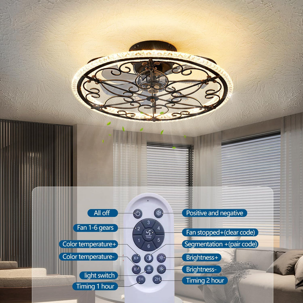 Caged Ceiling Fan with Lights Remote Control, 6 Speeds 3 Color Farmhouse Industrial Ceiling Fan with Light