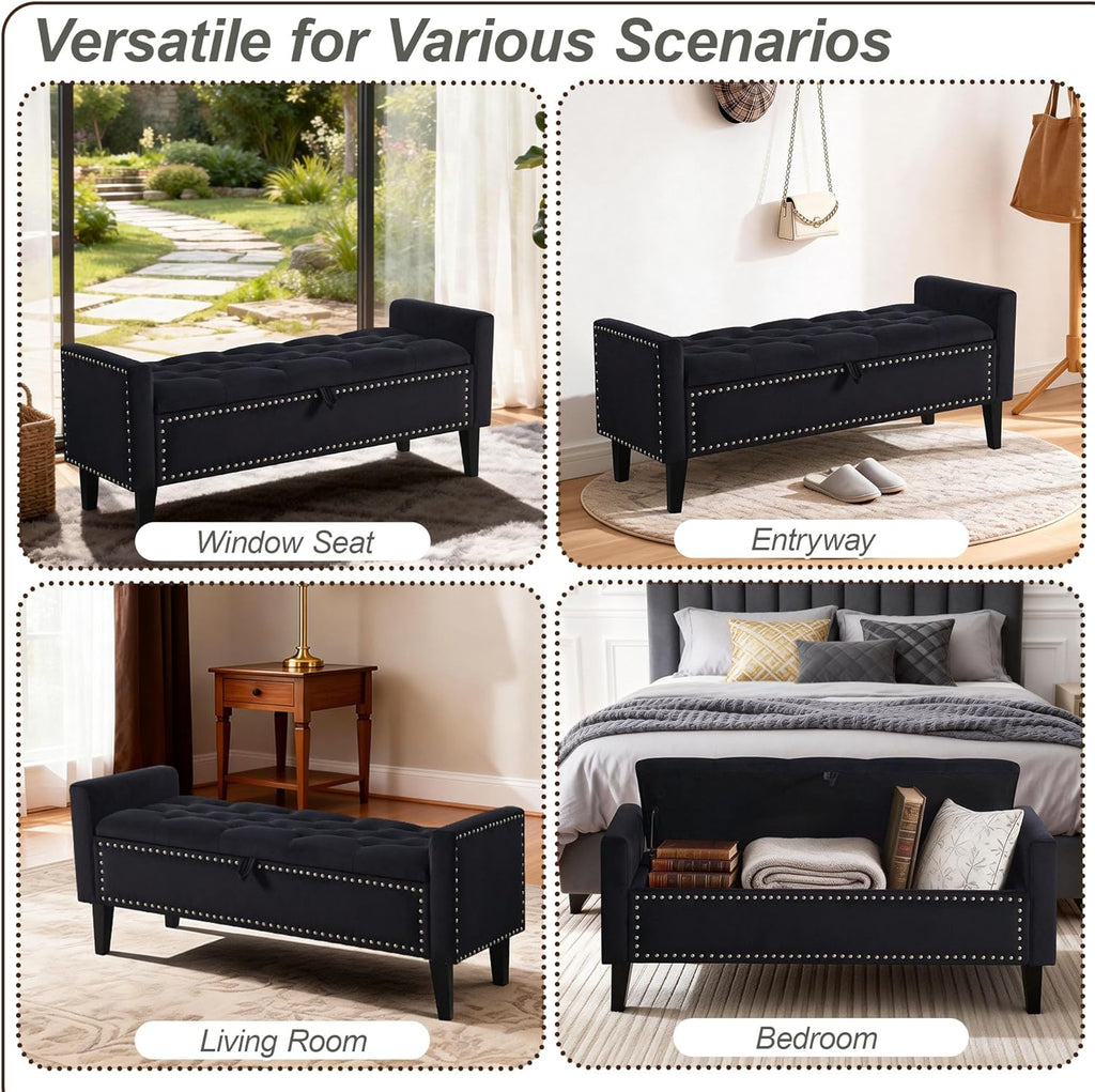 47in Velvet Storage Ottoman Bench with Arms, Upholstered Storage Bench with Wooden Legs, Storage Bench , Black