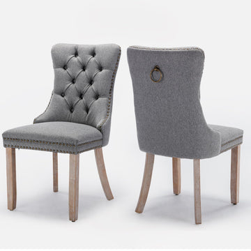 Linen Upholstered Set of 2, Modern Style Kitchen Side Chairs with Nailhead Trim and Wood Leg, Metal Pulling Ring
