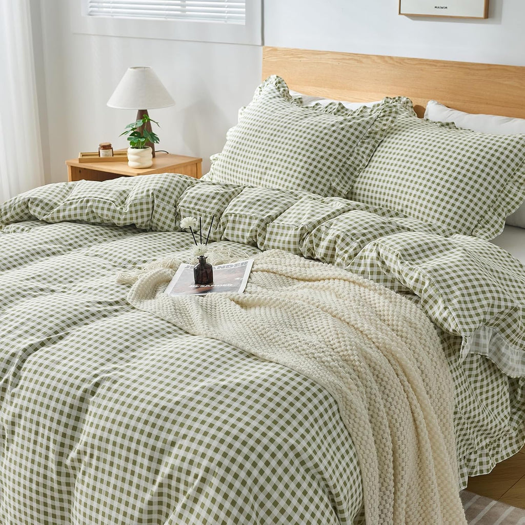 Gingham Duvet Cover, 3 Pieces Soft Breathable Microfiber Plaid Duvet Cover with Zipper Closure & 2 Pillow