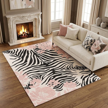 5x7 Black and Blush Pink Zebra Stripe Floral Pattern Area Rug