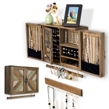 Wall Mounted Jewelry Organizer, Rustic Brown Wooden Jewelry Storage Cabinet