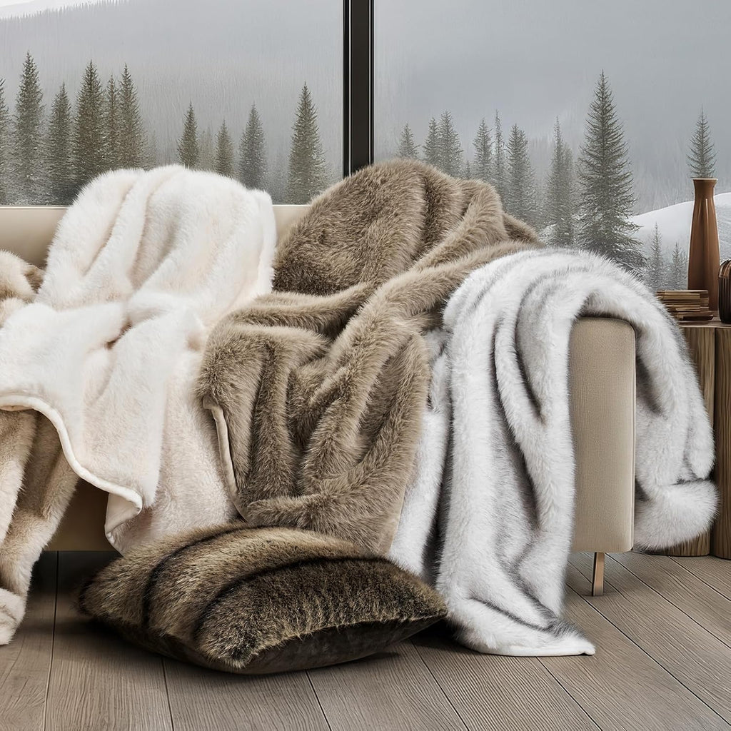 Luxury Faux Fur Throw Blanket, 50"x60", Frosted White Wolf | Fluffy Faux Mink Blanket, Soft Cozy Plush, Thick Warm