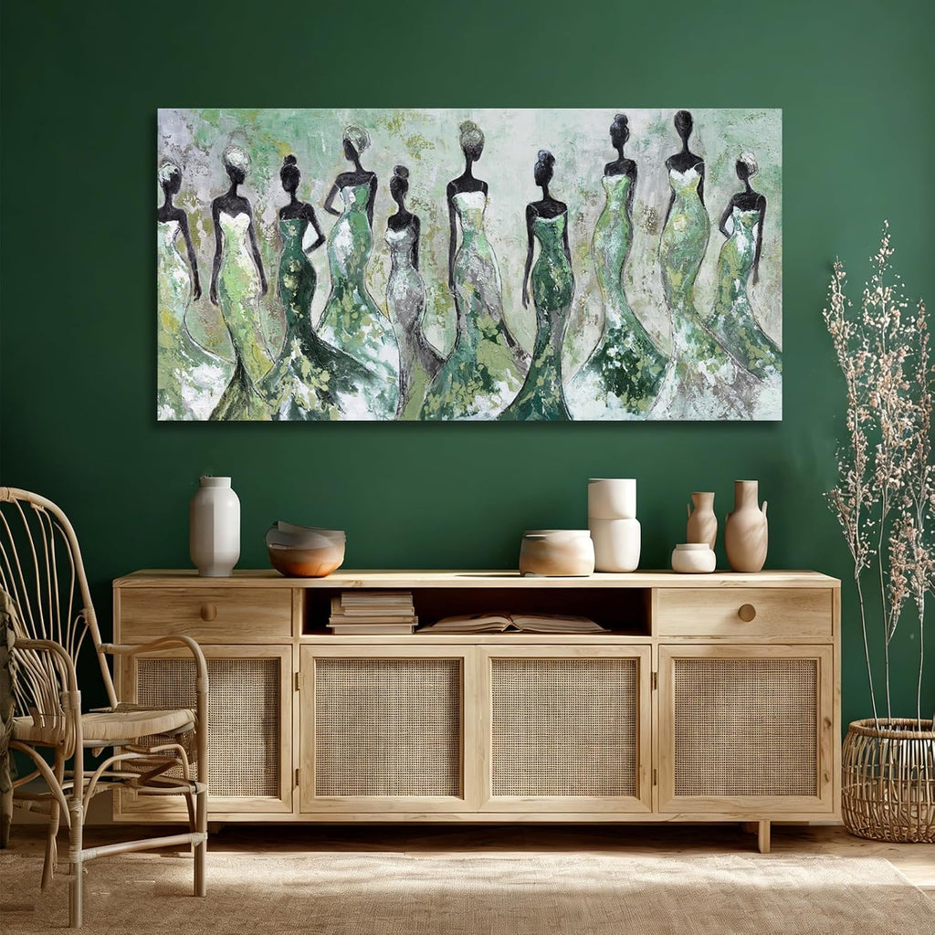 Green Abstract Figure Wall Art, Black Modern Horizontal Canvas Print, Aesthetic Fashion Artwork