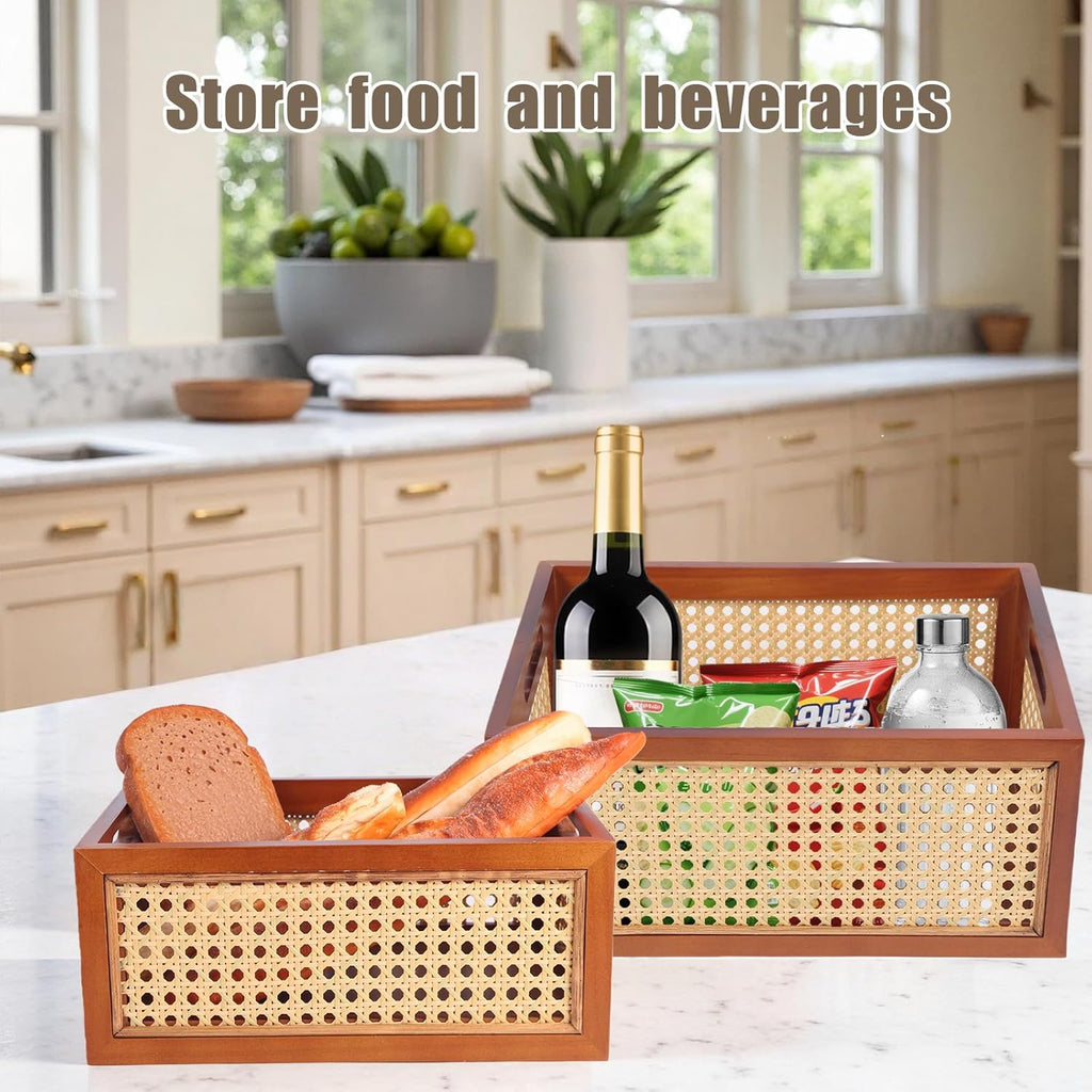 Rattan Storage Baskets Set, Wooden Frame with Woven Cane Design, Nesting Organizer Bins Bedroom Bathroom Kitchen