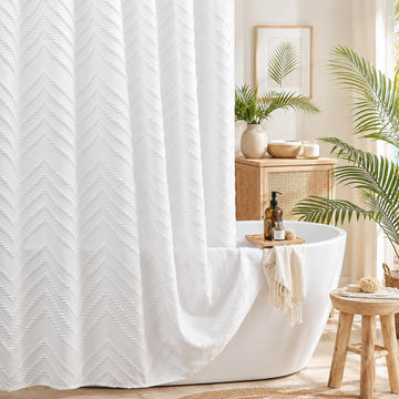 White Boho Fabric Shower Curtain 72 x 72 Inches | Textured Tufted Chevron Striped,Modern Minimalist Cloth Shower
