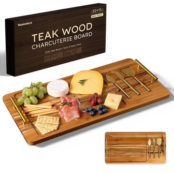 Teak 22 Inch Large Charcuterie Boards for Party with Cheese Knife Set of 3 with Handles Extra Long Wooden Serving