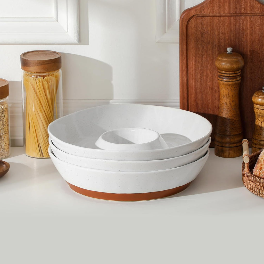 Ceramic Chips and Dip Serving Tray, 12 Inch Dip Serving Tray | Free-Form Divided Ceramic Chips and Dip Bowls for