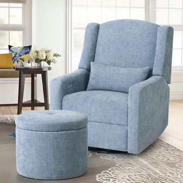 Large Power Recliner Chair Swivel Glider with Ottoman, Blue | Chenille Nursery Glider with USB Charging Port & Lumbar