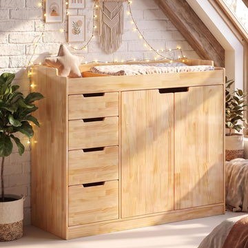 47.2" Solid Wood Baby Changing Table Dresser, Natural | 4 Drawers and 2 Doors, Changing Table Top, Safety Guardrails
