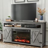 Farmhouse Fireplace TV Stand for TVs up to 65+ Inches, Entertainment Center with Storage Cabinets, Barn Doors and Shelves, Gray Wash