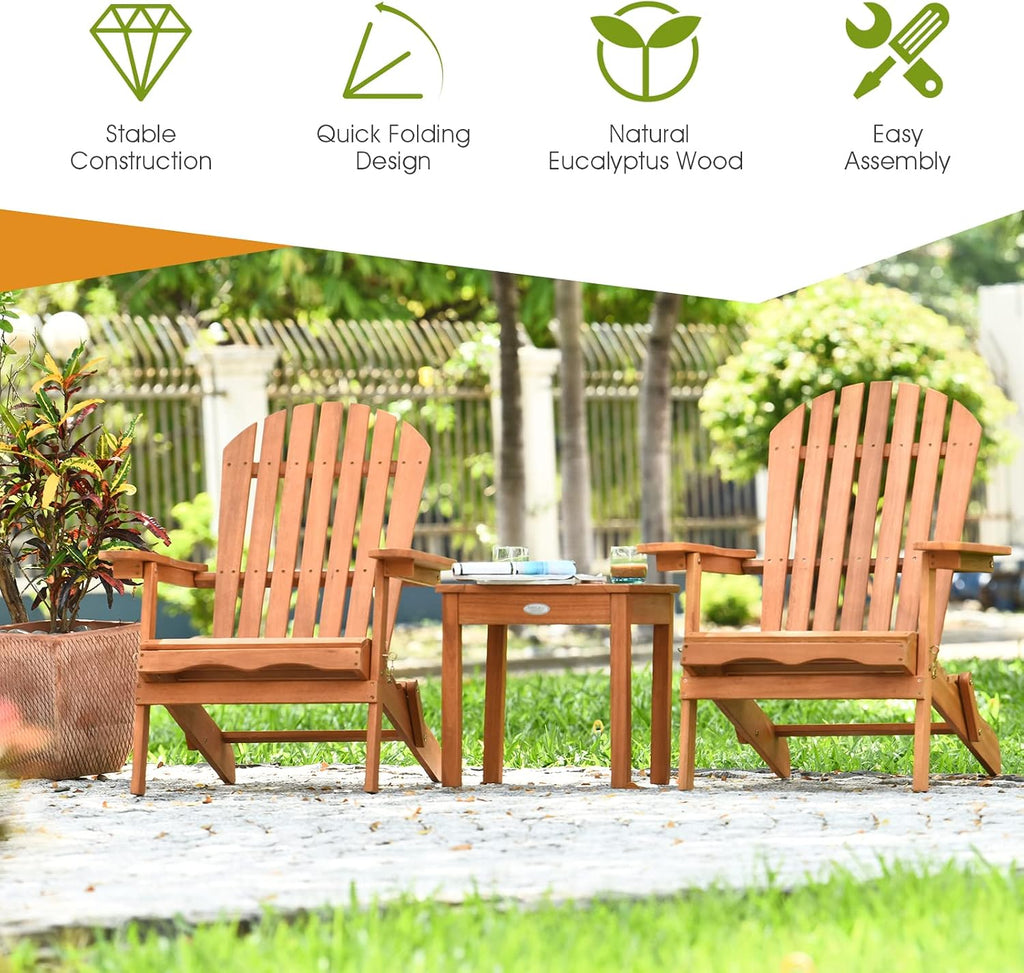 3 Pieces Adirondack Chair Set, Outdoor Wood Furniture Set with 2 Folding Lounge Chairs & Side Table, Widened Armrest