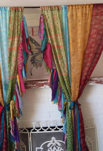 Yille Handmade Silk Sari Curtain Panels, 2 PCS Recycled Indian Silk Drapes, Assorted Bohemian Patchwork Window