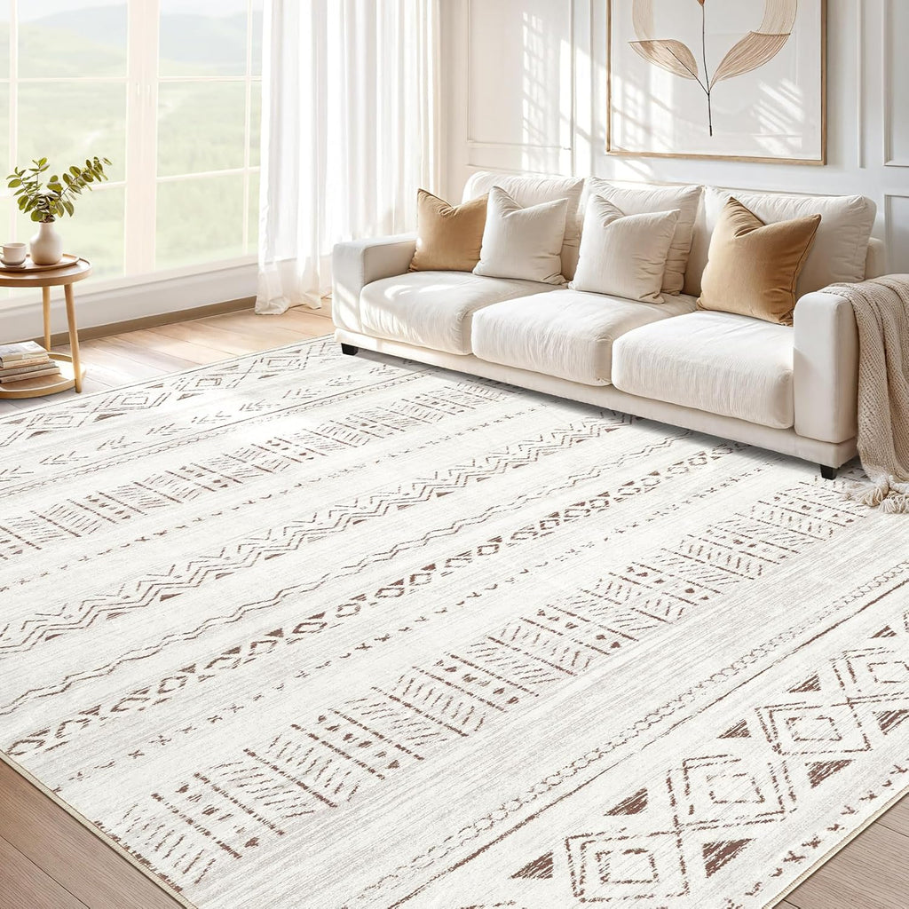 5x7 Washable Boho Farmhouse Area Rug, Low Pile Non-Slip Carpet Light Brown Cream