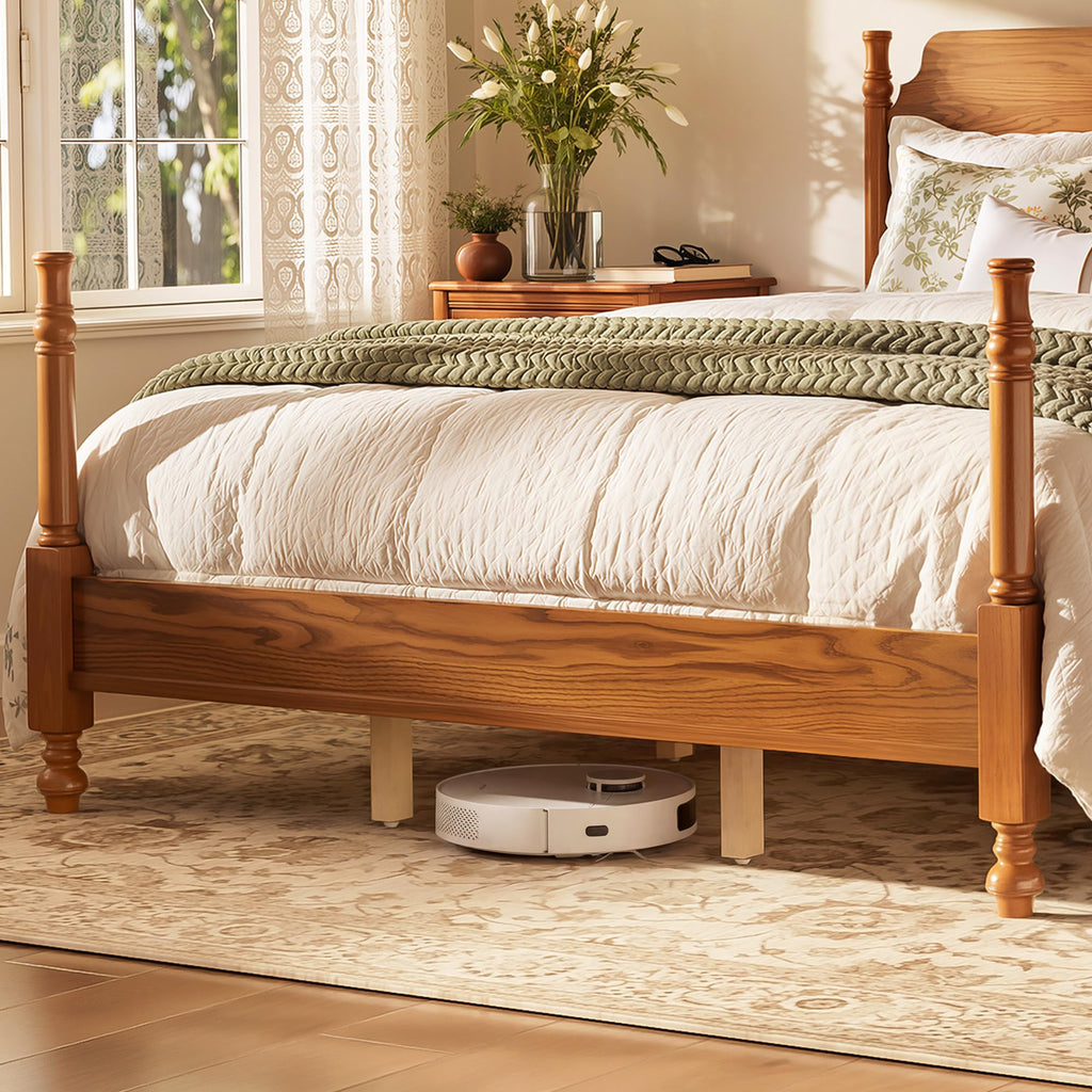 Vintage Wood Spindle Queen Bed Frame with Headboard, Light Walnut