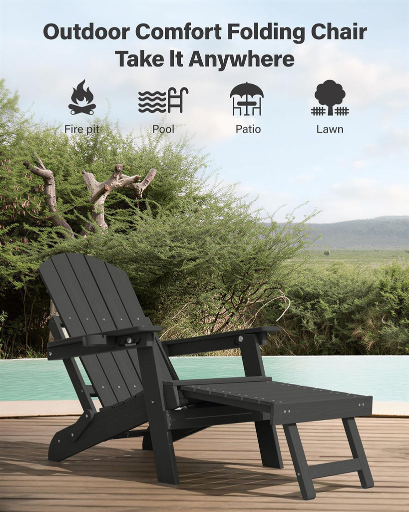 Adjustable Adirondack Chair with Footrest,All-Weather, Black | 5-Level Adjustable Backrest, Folding Fire Pit Chairs