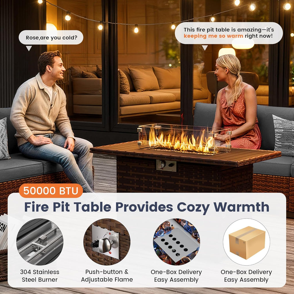 Furniture Set with Fire Pit Table, 8 Piece Sectional Sofas, All-Weather Wicker Conversation for Garden