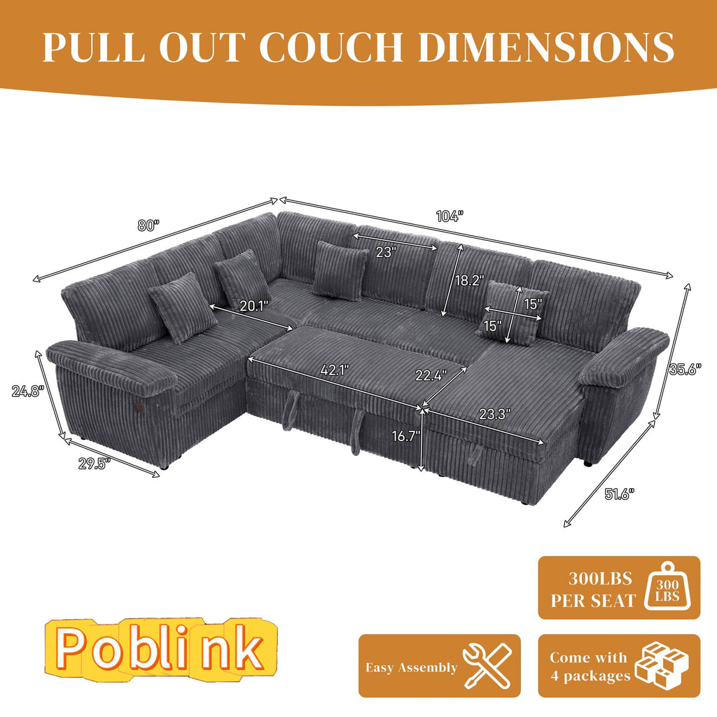 Modular Sectional Sleeper Sofa with Pull Out Bed, 104" U Shaped 7 Seat Cloud Sectional Couches, Comfy Corduroy Couch