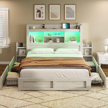 Queen Bed Frame with 4 Storage Drawer, LED Bed Frame with 49.6" Tall Bookcase Headboard, Wood Platform Bed with Charging Station & 2 Slide Bedside Shelf, No Box Spring Needed/Distressed White