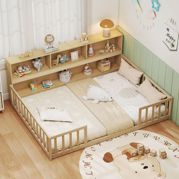 Full Size Floor Bed for Kids, Wooden Montessori Bed Frame with Bookcase, Storage Shelves & Safety Fence Rails, Floor