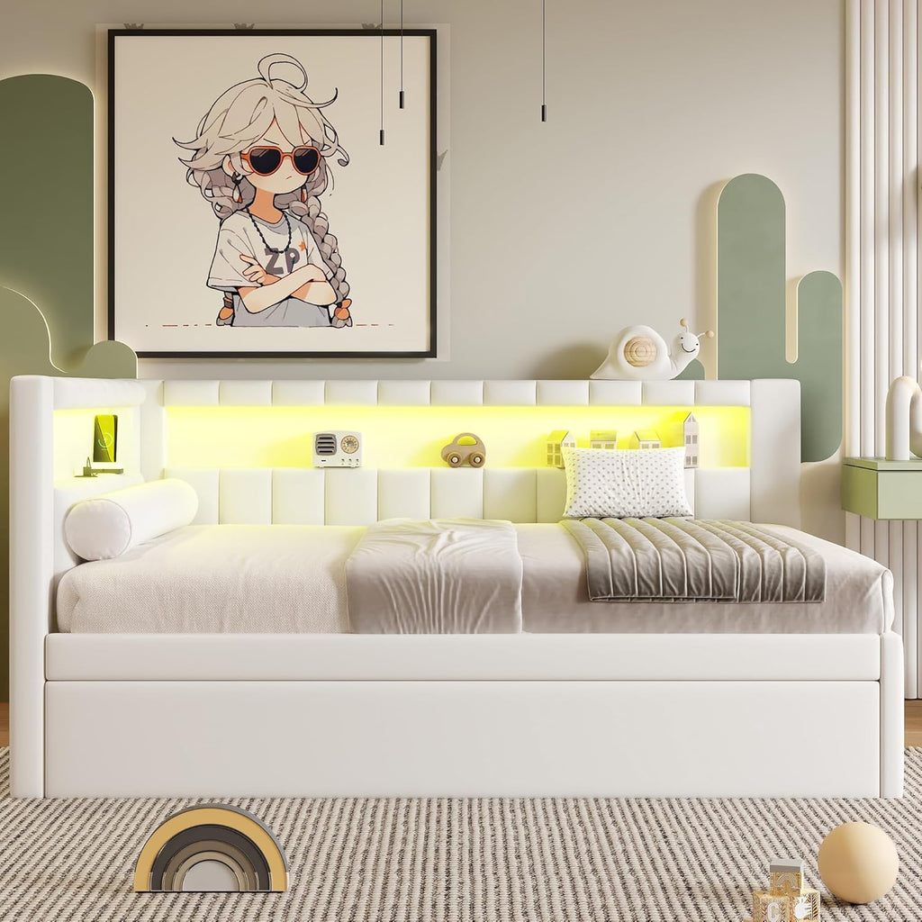Full Upholstered Daybed with Trundle and USB/LED Belt, Corner Bed with Trundle, L-Shape daybed Living Room, Beige(Linen)