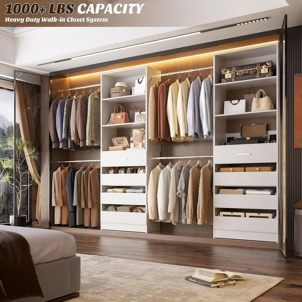 Closet System, 4-9Ft Closet Organizer with 4 Wooden Drawers, Wood Closet Organizer System with Tower, Walk-in Closet