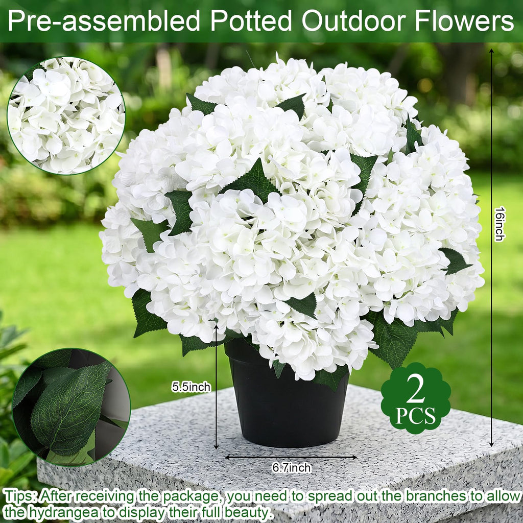 2 Pack Artificial Flowers Potted for Outdoor - White