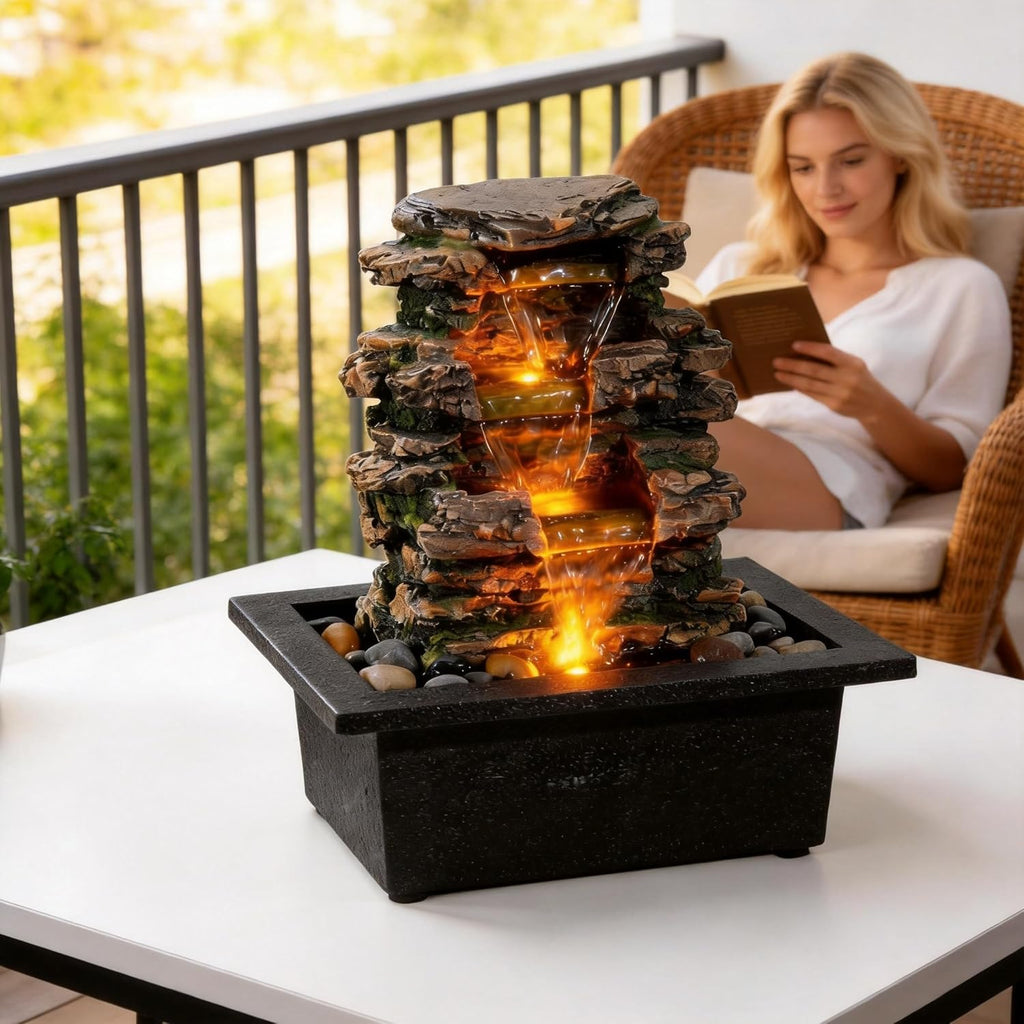 Tabletop Water Fountain, Home Décor Soothing Sound Machine with Automatic Pump, Deep Basin and Natural River Rocks.