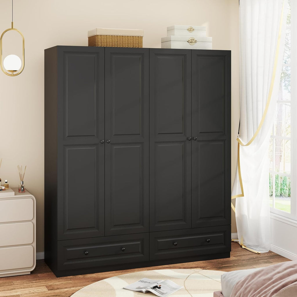 Armoire Wardrobe Closet with Drawers: 74" Black Wardrobe Closet with 4 Doors, Bedroom Armoires with 2 Drawers, Wood
