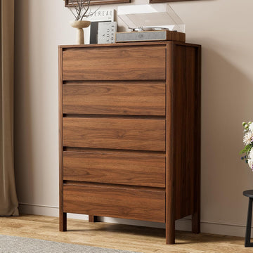 Walnut Dresser , 5 Drawer Dresser with Wood Legs, Tall Wood Dresser, Mid Century Modern Chest of Drawers, Large