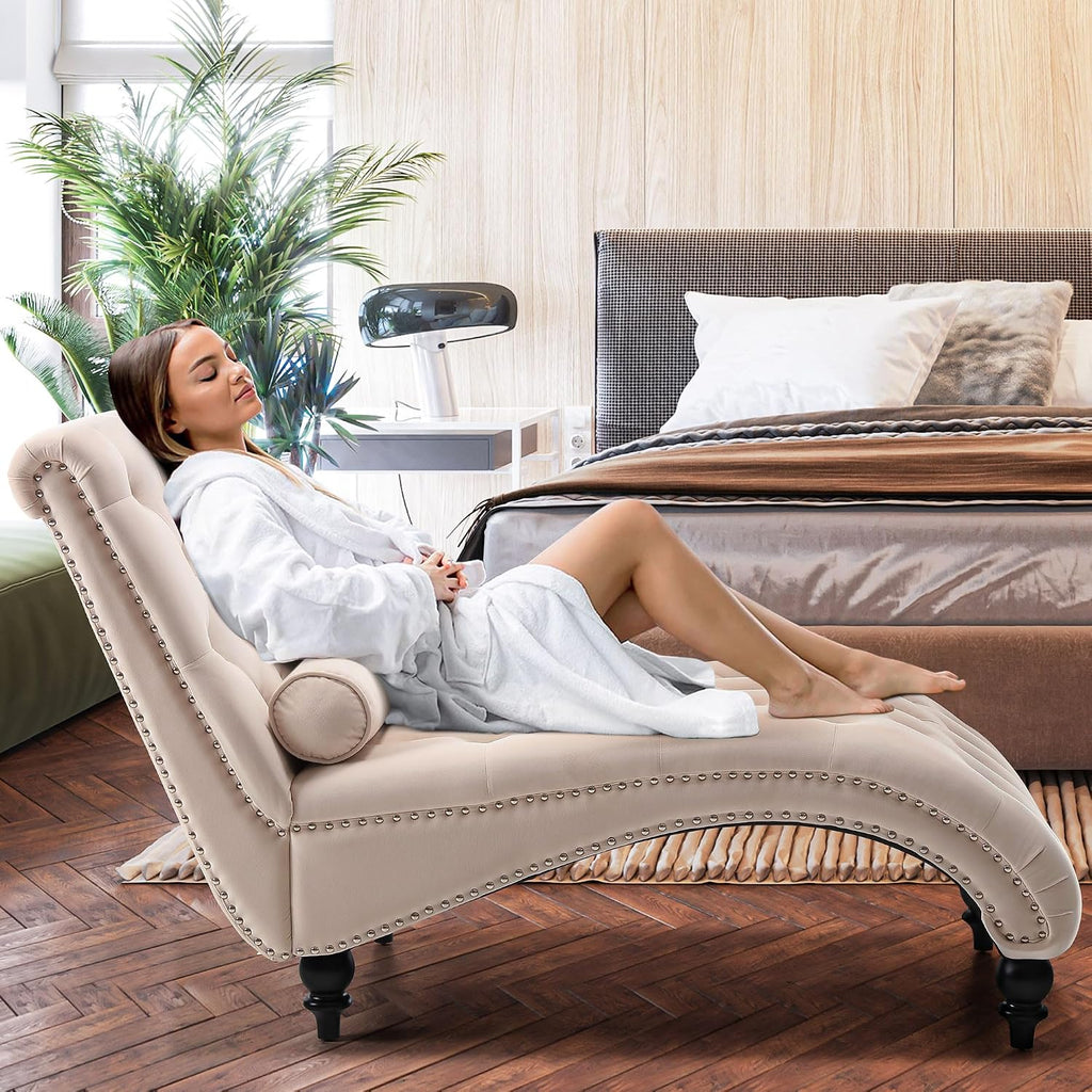 Chaise Lounge Chair Indoor, Modern Velvet Upholstered Sofa with Solid Wooden Leg and Lumbar Pillow, Button Tufted