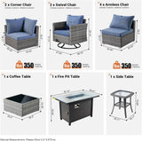11 Piece Outdoor Patio Furniture Set with Fire Pit Table,Conversation Sectional Wicker Couch with Swivel Chairs,Modern