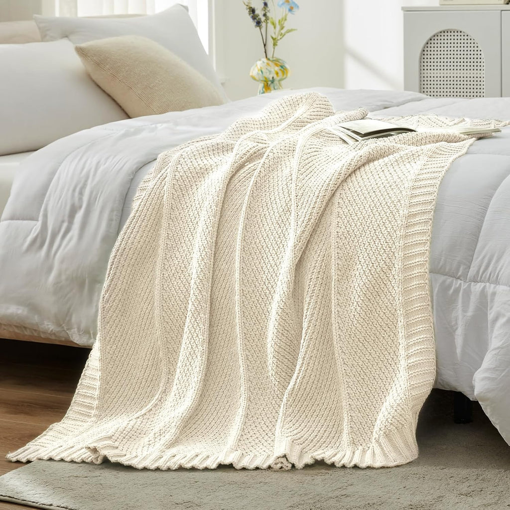 Knit Throw Blanket, Soft Chenille Cozy Breathable Chevron Chunky Decorative Blanket, French-Inspired Lightweight Warm