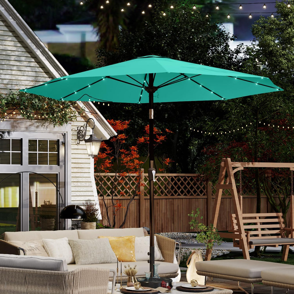 10FT Solar Umbrella 32 LED Lighted Patio Umbrella Table Market Umbrella w/Tilt and Crank