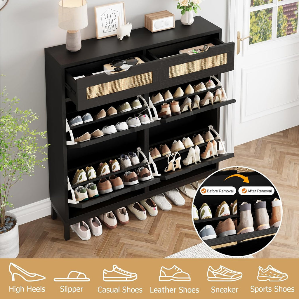 Rattan Shoe Cabinet , Boho Shoe Storage Cabinet with 4 Flip Drawers and 2 Drawers, Narrow Freestanding Shoe Rack with