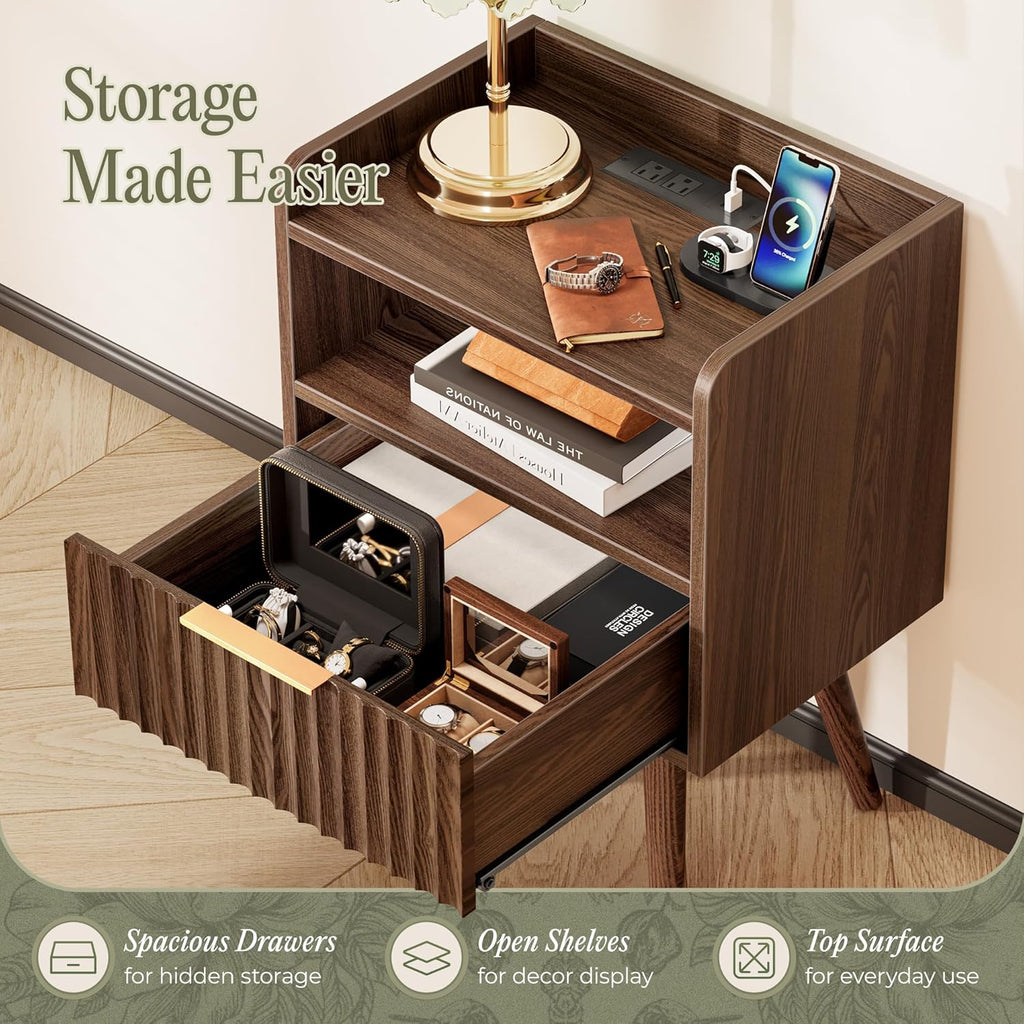 Nightstand with Charging Station, USB-C Port, Fluted Night Stand Set of 2, Bed Side Table with Drawer, Solid Wood