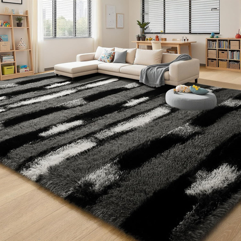 4x6 Fluffy Black and Grey Area Rug Striped
