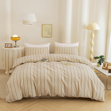 Cotton 3 Pcs Duvet Cover Set Linen Feel Vertical Stripe King
