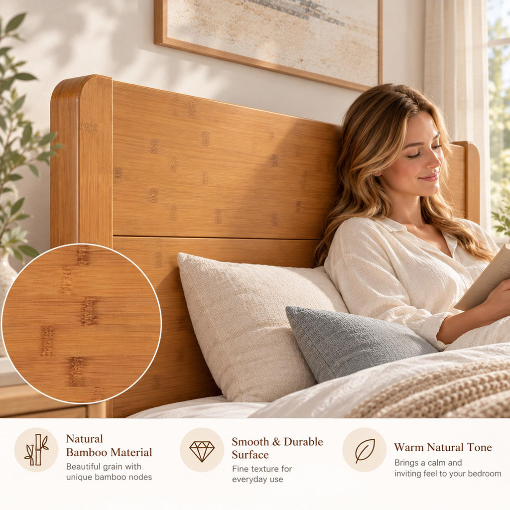 Solid Bamboo Queen Bed Frame with Headboard, Japanese Joinery