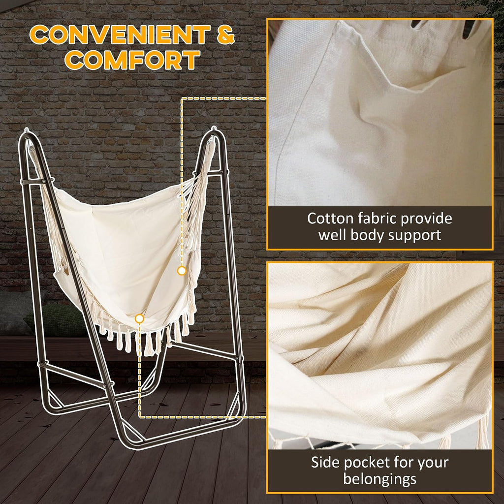 Patio Hammock Chair Outdoor with U Shape Stand Brown/Cream White | Outdoor Hammock Swing, Hanging Lounge Chair, Side