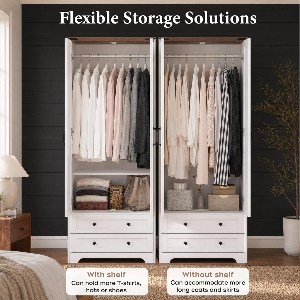 71" Wooden Armoire Wardrobe Closet with 2 Doors & 2 Drawers, White | Modern Tall Storage Cabinet with Adjustable
