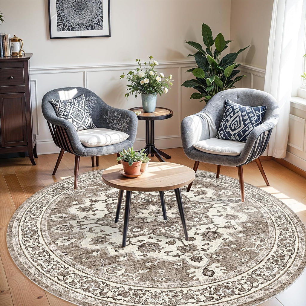 Washable 8ft Round Area Rug: Living Room Oriental Non Slip Ultra Soft Rugs
