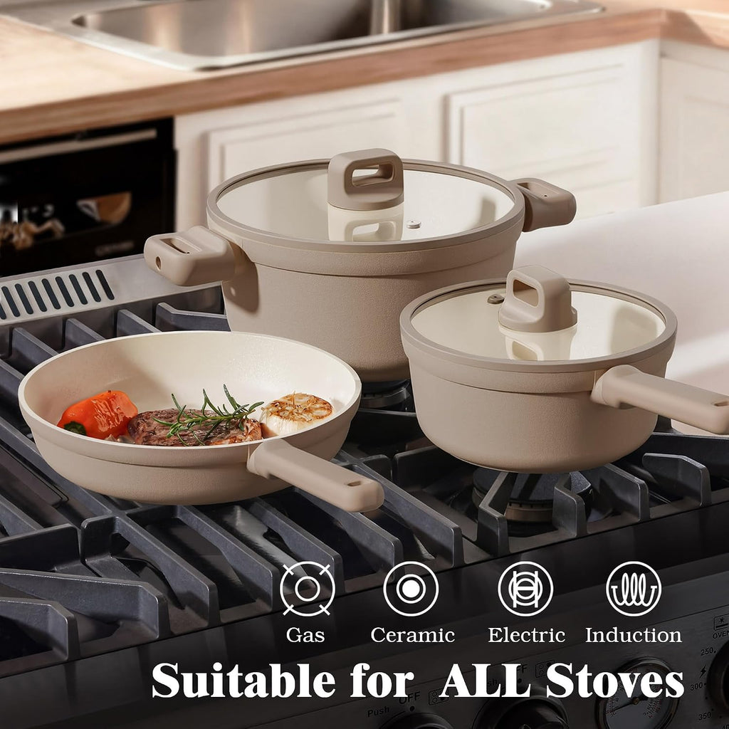 Ceramic Pots and Pans Set Nonstick, 20Pcs Cookware Set, Taupe | Non Stick Ceramic Coating, Non-toxic Healthy Kitchen