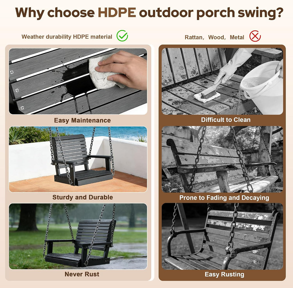 HDPE Single Outdoor Porch Swing, 360 LBS Hanging Swing Chair, Black | All-Weather & Fade Resistant, Adjustable
