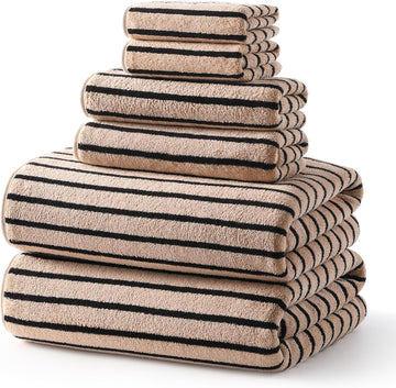 Striped Microfiber Bathroom Towel Set, Lightweight-Khaki | Highly Absorbent 6-Piece Microfiber Towel Set, 2 Bath