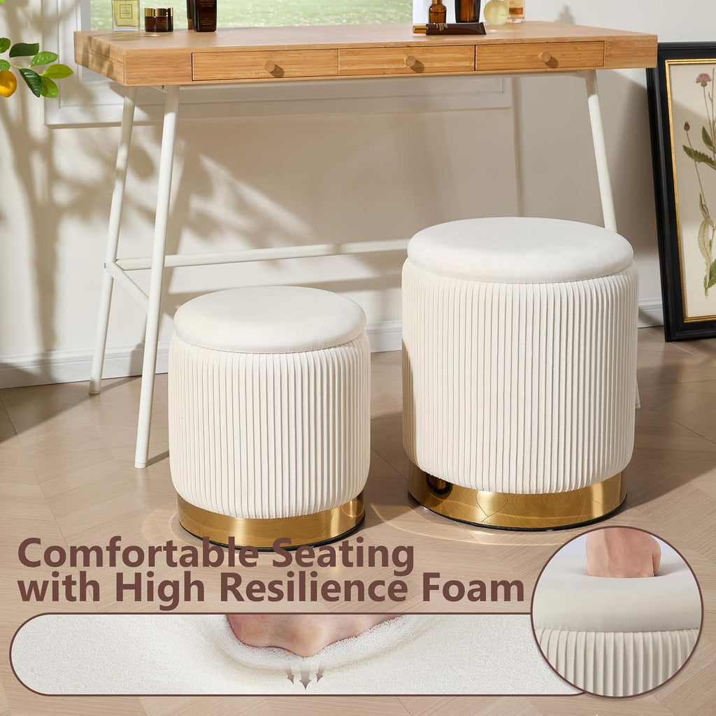 Round Ottoman with Storage Set of 2, Storage Vanity Stool | Velvet Upholstered Ottoman Coffee Table, Gold-Tone Ring